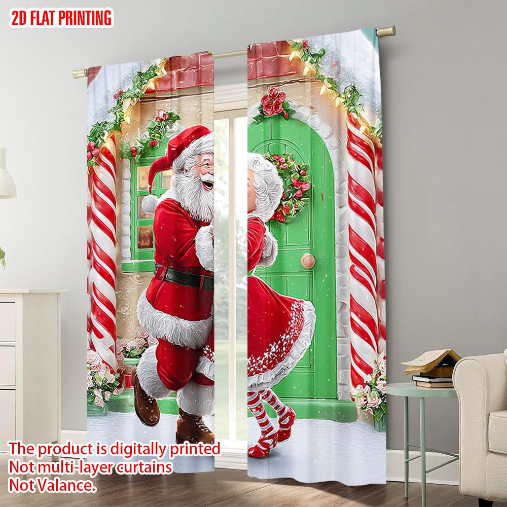 2pcs,2D plane printing Curtains Santa & Mrs_ Claus Dancing Polyester Easy Install (without rod) Decorations Inside Ldeal for