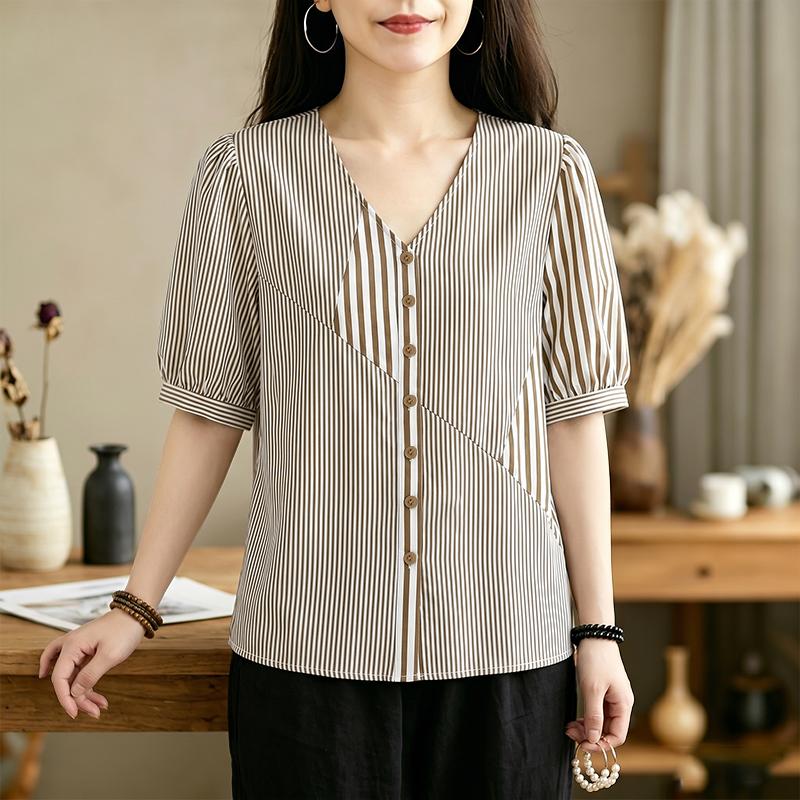 ZANZEA Women Casual V-Neck Loose Half Sleeve Stripe Blouse