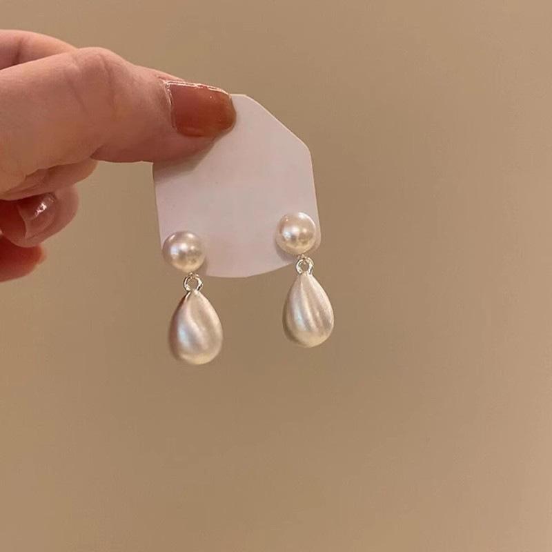 925 Silver Needle Pearl Metal Brushed Water Drop Fringed Earrings Explosive Temperament Stud Earrings