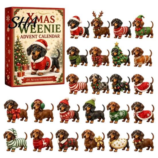 Feiertagsritual Countdown 2026 Dackel Adventskalender, 24 Tage Hunde-Sammlerstücke Überraschungen mit festlichem Xmas-Geschenk für Tierliebhaber Welpen Acrylfiguren
