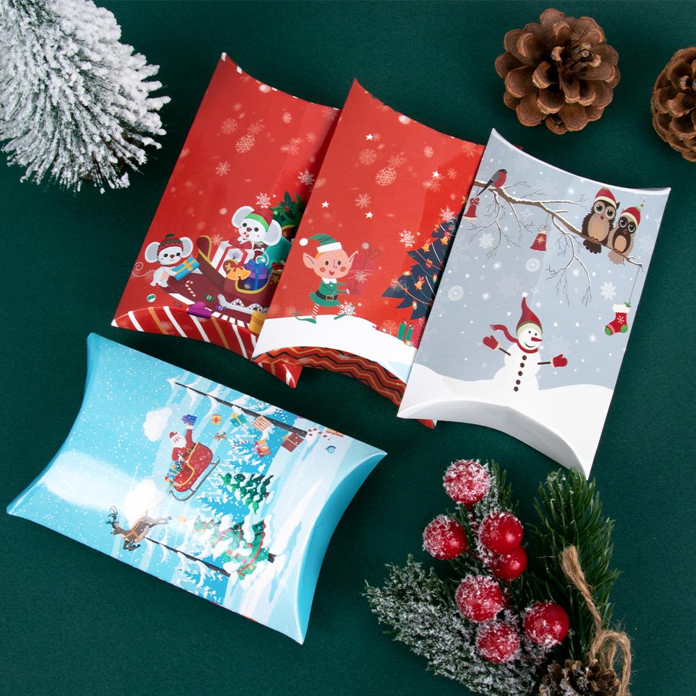 12/24pcs Christmas Pillow Shape Treat Candy Boxes Xmas Eve Cookie Gift Packaging Box 2025 Merry Christmas New Year Present Decor