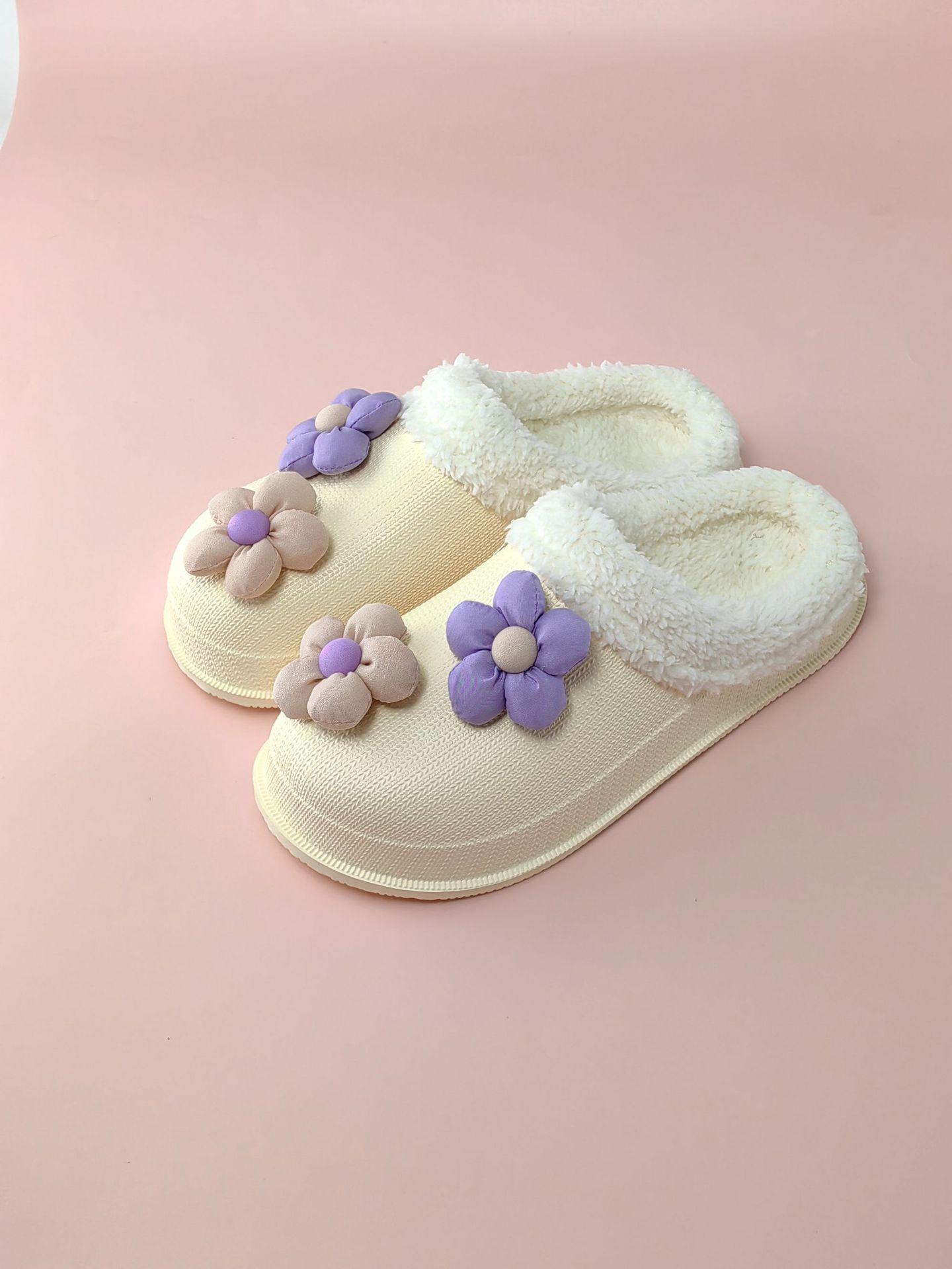 

Милые женские тапочки из ЭВА с мультяшным цветком и пушистым хлопком - Теплая вельветовая бахрома для улицы и дома 38/39 грязно-белый