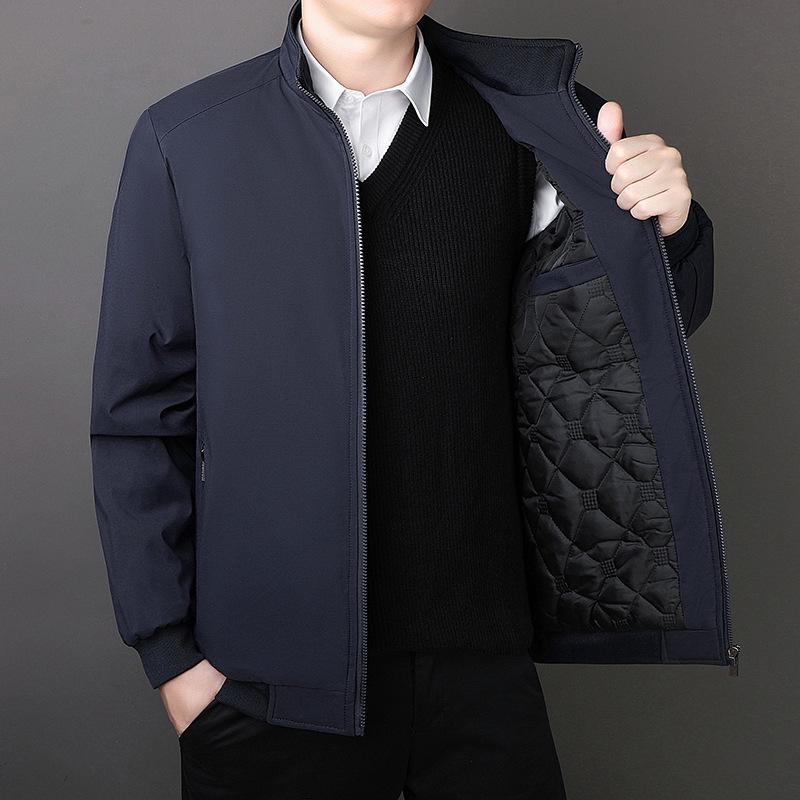 Men's Executive Stand-Up Collar High-End Coat - Autumn/Winter, Casual Loose Fit, Plus Velvet, Middle-Aged Style