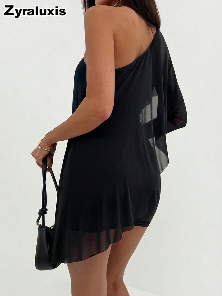 New Asymmetrical Slanted Shoulder Cape Dress Bodycon Mini Skirt Evening Gown for Women