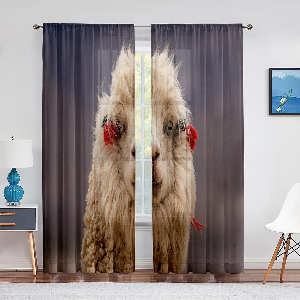 Cute Llama Alpaca Funny Animal Sheer Curtain for Living Room Voile Window Blinds Bedroom Tulle Drape Kitchen Curtains Decoration