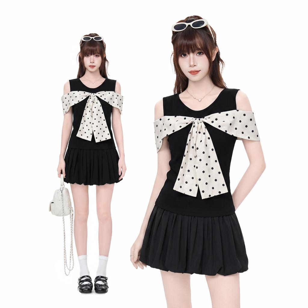 Korean Black Bow Polka Dot Off-the-shoulder Short-sleeved T-shirt Women's Summer New Slim-fit Unique Beautiful Top