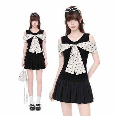 Korean Black Bow Polka Dot Off-the-shoulder Short-sleeved T-shirt Women's Summer New Slim-fit Unique Beautiful Top