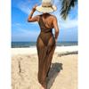 Women's Brown Sheer Mesh Beach Cover Up Dress Side Slit Halter Swimwear Cover Up