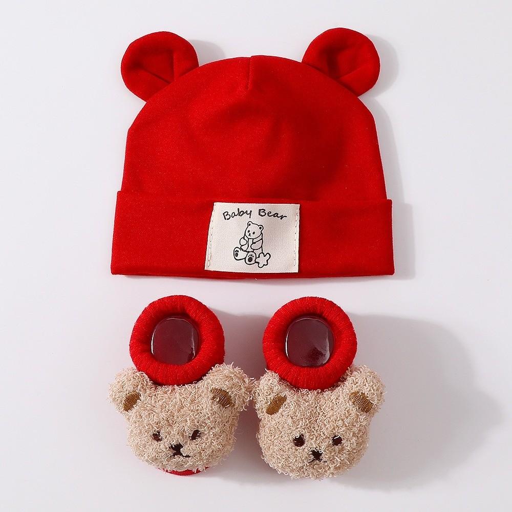 2Pcs/Set Warm Bear Ear Beanie Cotton Infant Cap Socks Cute Baby Turban Socks  Autumn Winter
