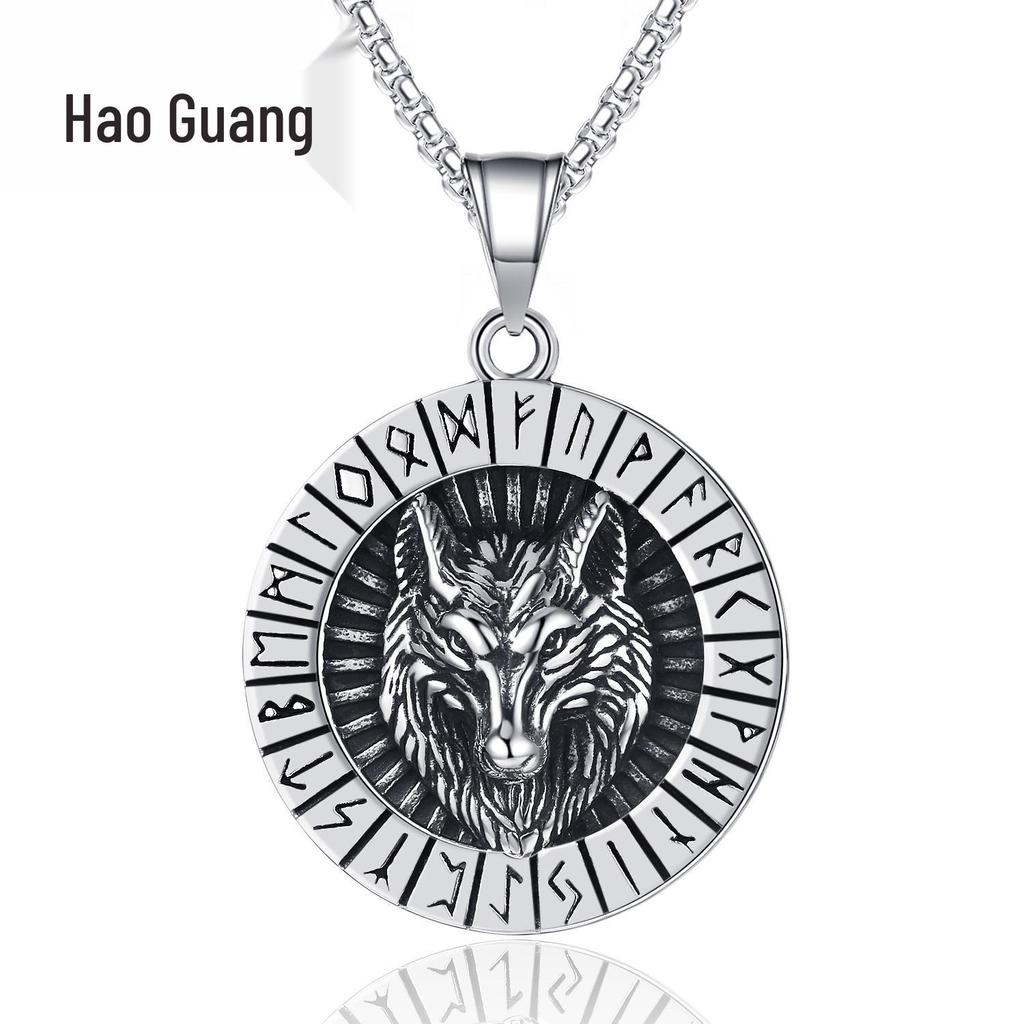 Vintage Stainless Steel Viking Rune Wolf Head Pendant Necklace - Trendy Men's Hip-Hop Accessory