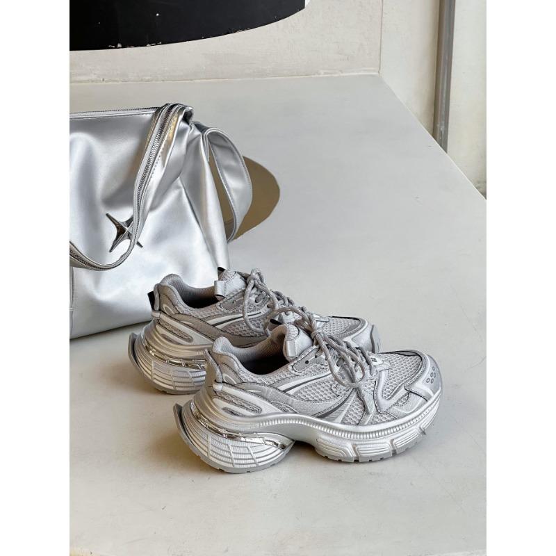 Spring and Autumn New Leather Silver Daddy Shoes Women's Platform Muffin Mesh Versatile Small Casual Shoes