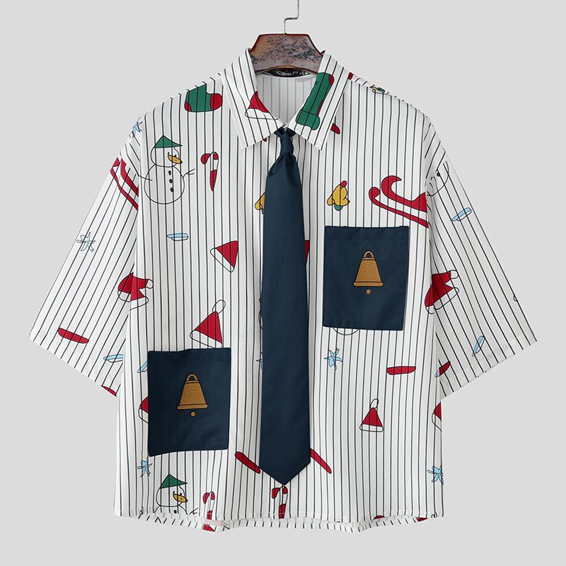 

INCERUN Oversized Men Tie Lapel Neck Short Sleeve Cartoon Print Casual Loose Shirts 5XL синий