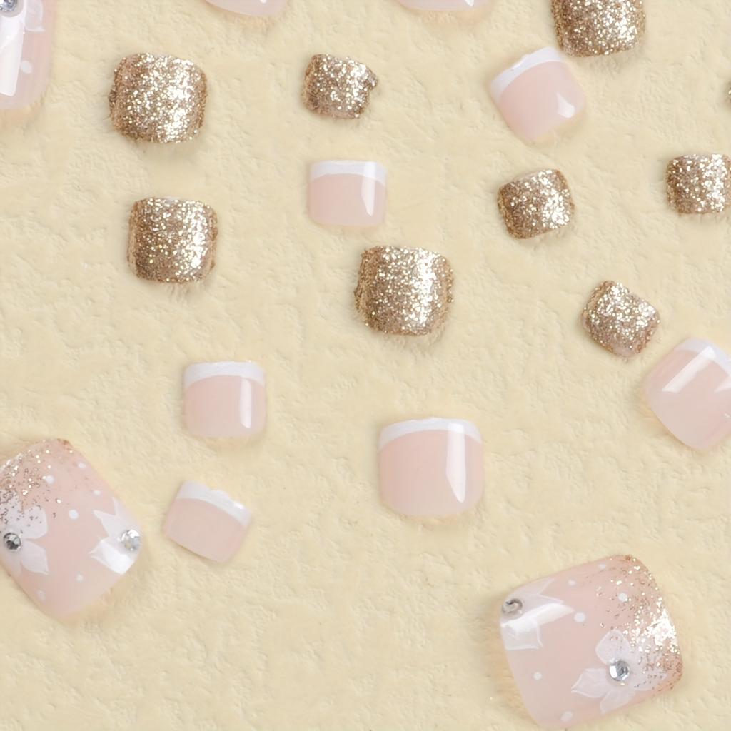 24pcs Shimmering Golden Glitter Flower False Toenails with Dazzling Rhinestones - Ultra-Glossy, Full Cover, Short Square Press-On Nails 