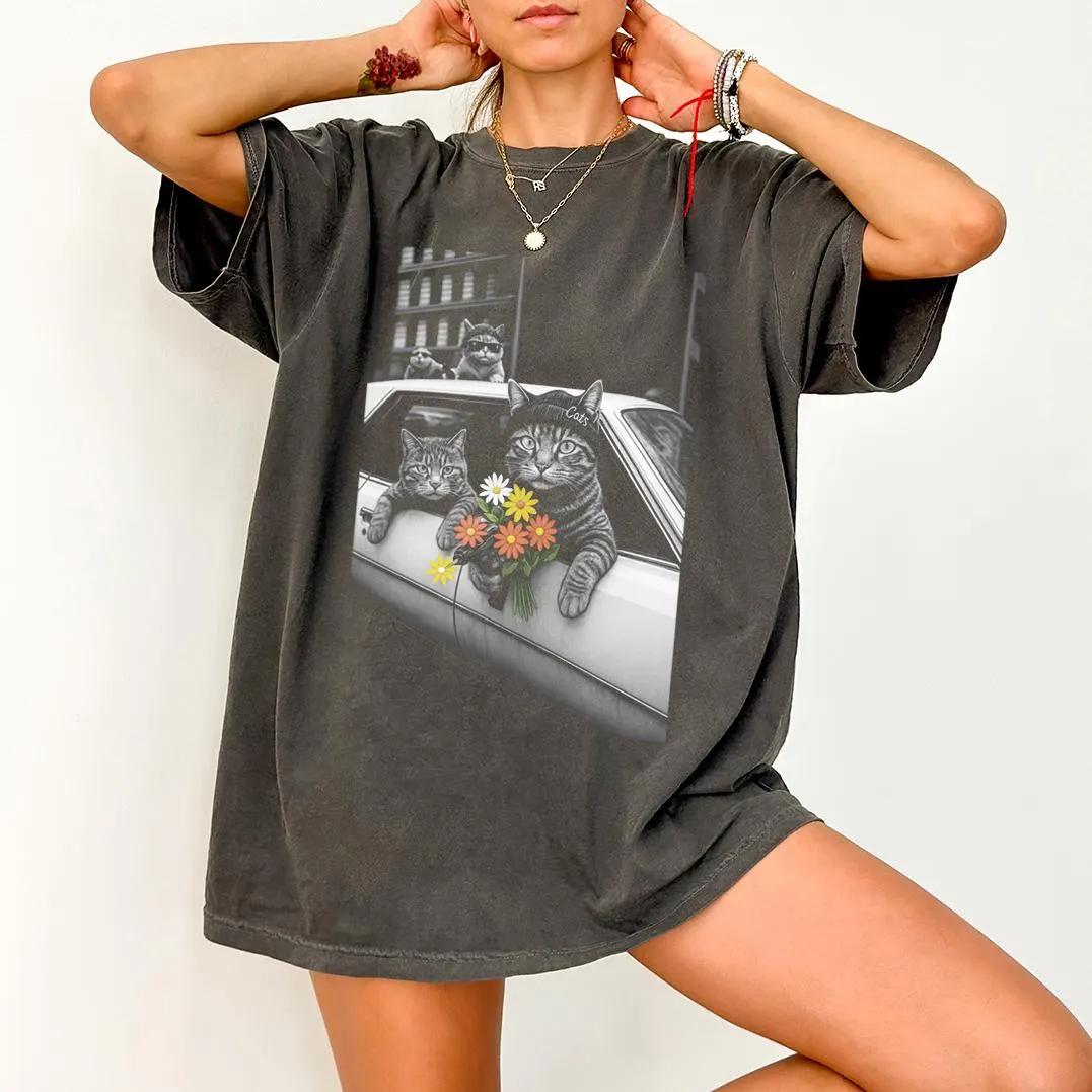 

2026 Summer Womens Vintage Cat Graphic TShirt Cotton and Breathable Short Sleeve Streetwear Oversized Loose Casual S