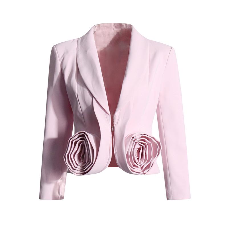 2025 Pink 3D Rose Two-Piece Set: Slim-Fit Blazer & Pleated Mid-Length Skirt