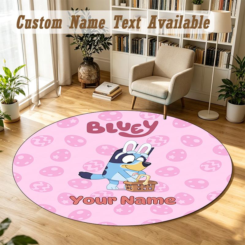 Round Rug Custom NameBluey Pattern Non Slip Carpet Home Floor Decor