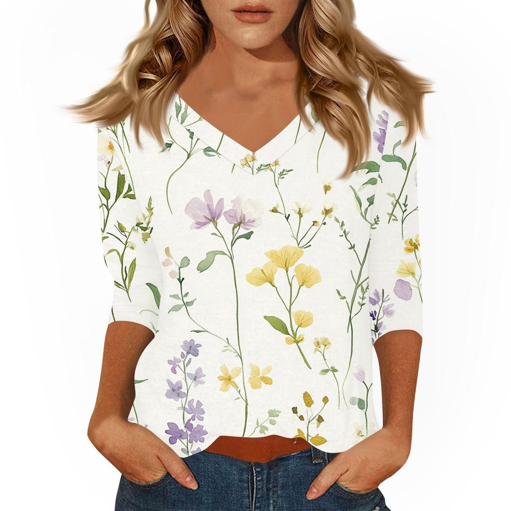 Women's Casual 3/4 Sleeve T-Shirts V-Neck Tops