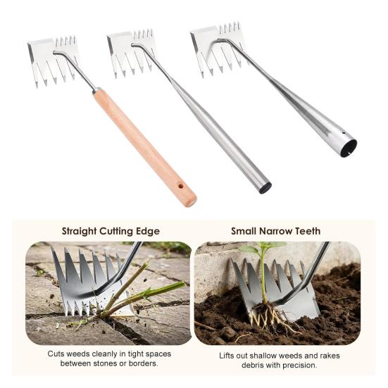 Stainless Steel Weed Remover Tool Six-Tooth Double Head Garden Weeding Tool Manual Weeder with Cutting Blade Serrated Edge for Precision Weeding