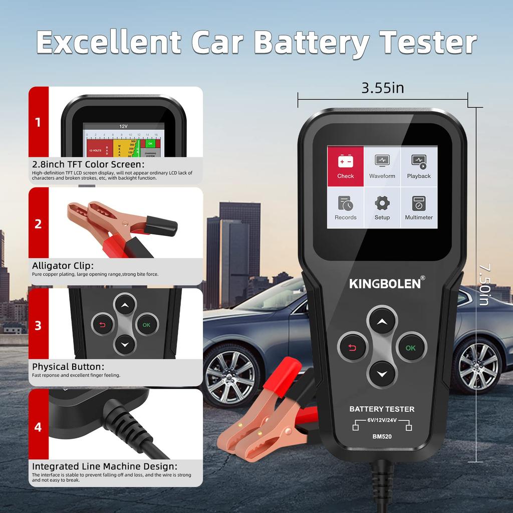 KINGBOLEN BM520 Profesionální tester autobaterií 6V 12V 24V Diagnostický nástroj pro baterie nákladních vozidel 12V Analyzátor baterií Startovací schopnost