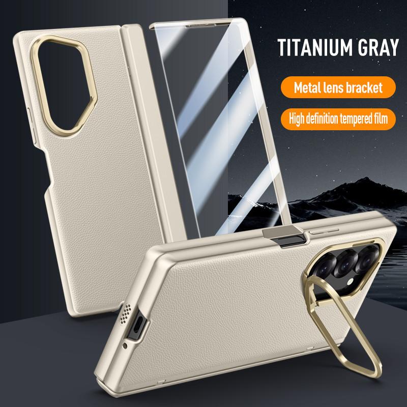 Magnetic Metal Ring Bracket Phone Case for Samsung Galaxy Z Fold 6 5G with Lens Stand Skin Feel Leather Hinge Protective Cover