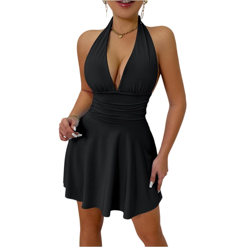 Damen Modisches Und Sexy Einfarbiges V-Ausschnitt Träger Rückenfreies Kurzes Kleid