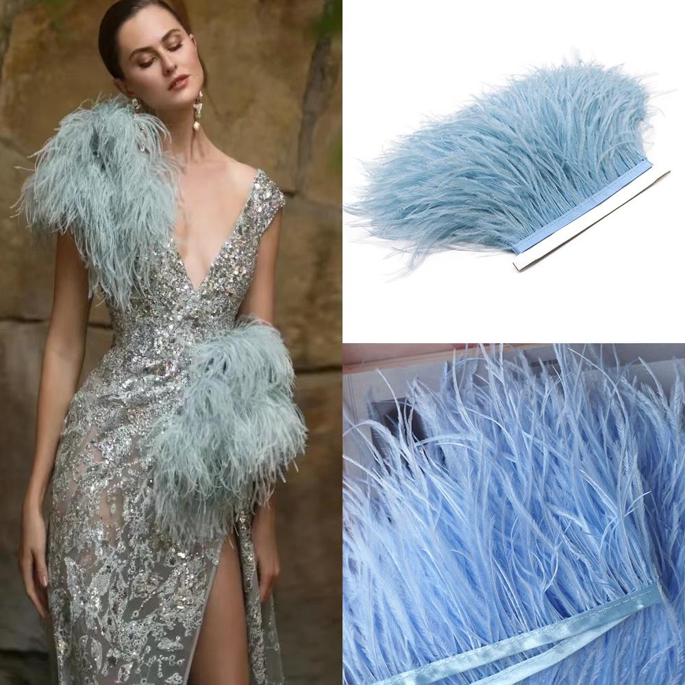 Feather1Meter Fluffy Blue Ostrich Feathers Trim Fringe 8-10cm Wedding Decoration Feather Ribbon for Party Clothing Sewing Plumes Crafts