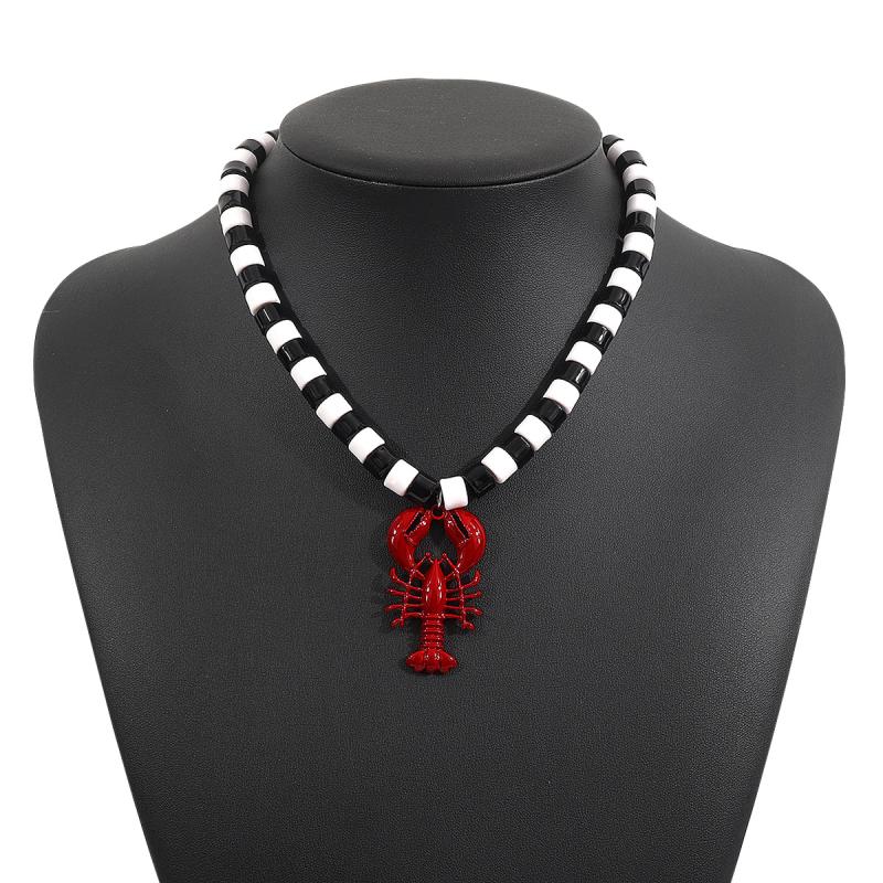 2025 New Lobster Bead Necklace Handmade Crystal Beaded Enamel Jewelry Simple Pendant Necklace Women Beach Vacation Accessory