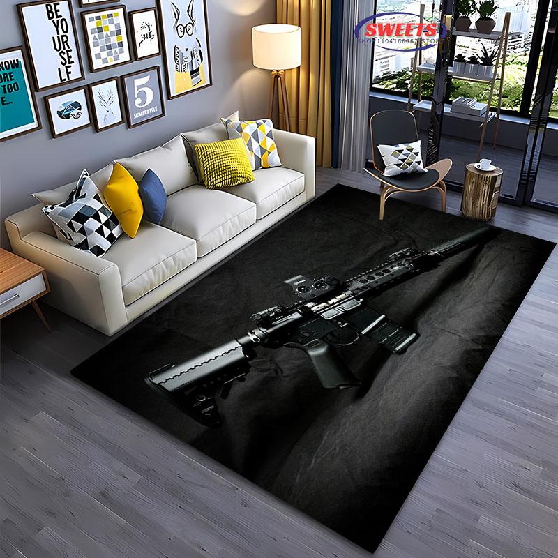 Pistolen-Themenbereichsteppich, Sturmgewehr Pistole Revolver Pistole Teppich für Wohnzimmer Schlafzimmer Sofa Fußmatte Dekor Rutschfeste Bodenmatte Geschenke