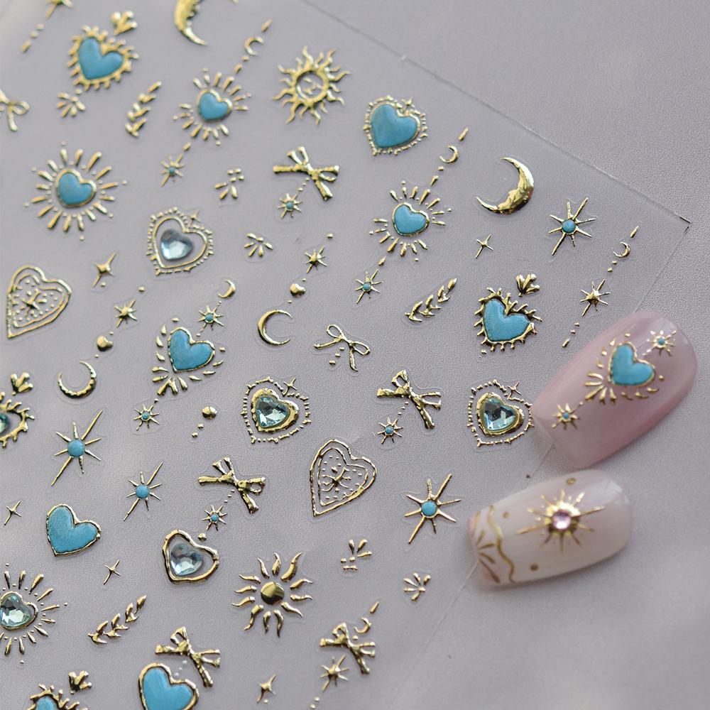 5D Gold Stamping Butterfly Vintage Border Nail Art Stickers Hearts Stars Moon Shiny Metal Elegant Self Adhesive Manicure Decal