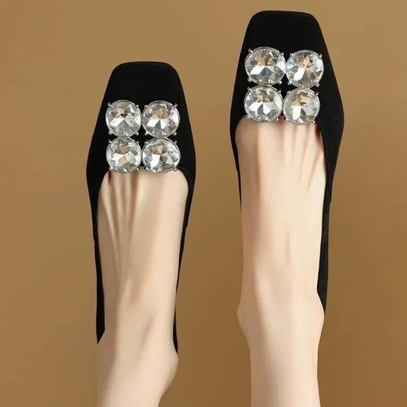 French Design Black Velvet Women Shallow Flats Square Toe Rhinestone Buckle Moccasins Brown Office Working Espadrilles