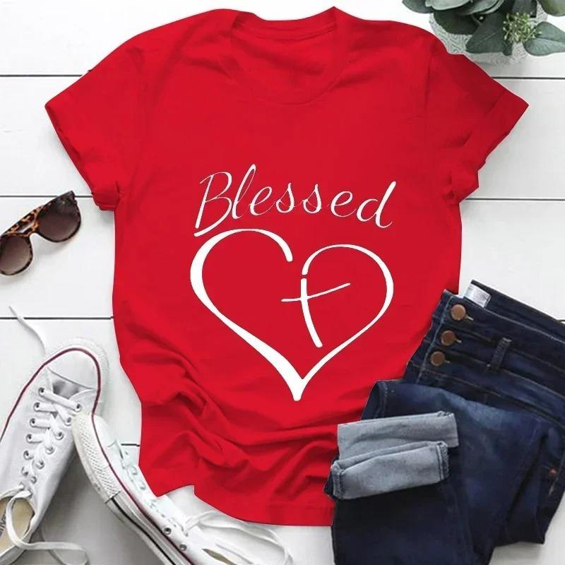 

Fashionable and simple love printed pattern Womens Tshirt versatile top casual round neck short sleeved Tshirt 4XL