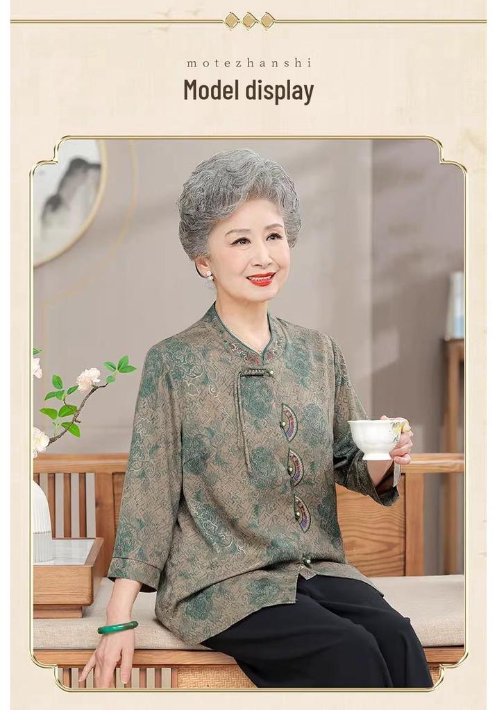 Women's Seven-Sleeve Spring-Autumn Shirt - Thin, Stylish Top for Middle-Aged & Elderly