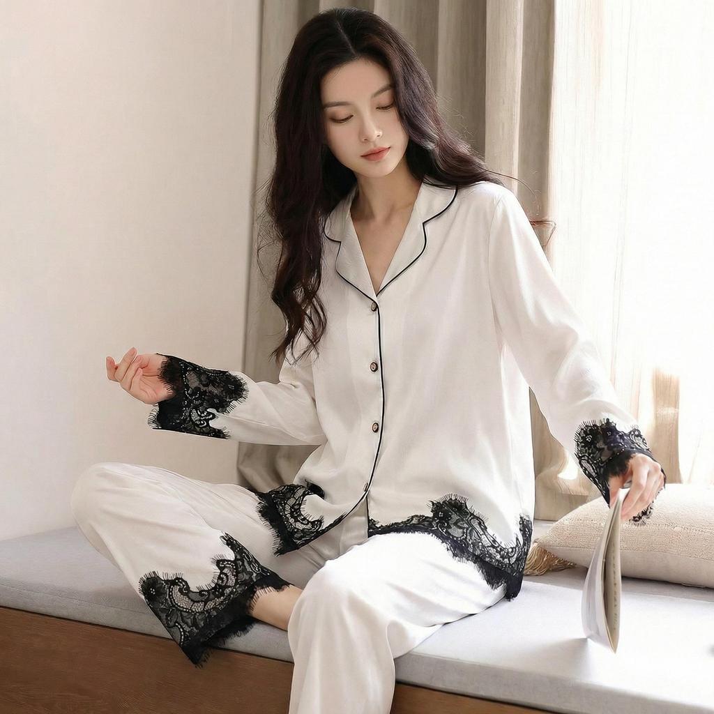 Women's French Luxury Ice Silk Lace Pajamas Set - Long Sleeve & Pants