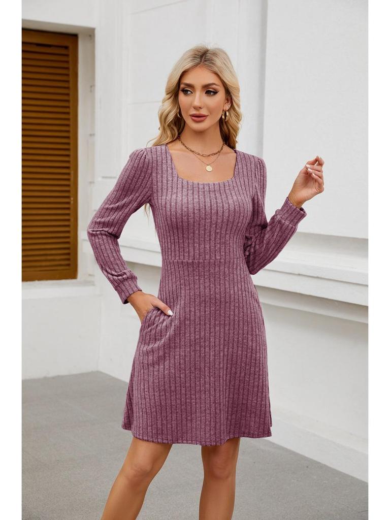 2025 Women's Square Neck Pocket Knit Sweater Dress - Long Sleeve Casual Fashion