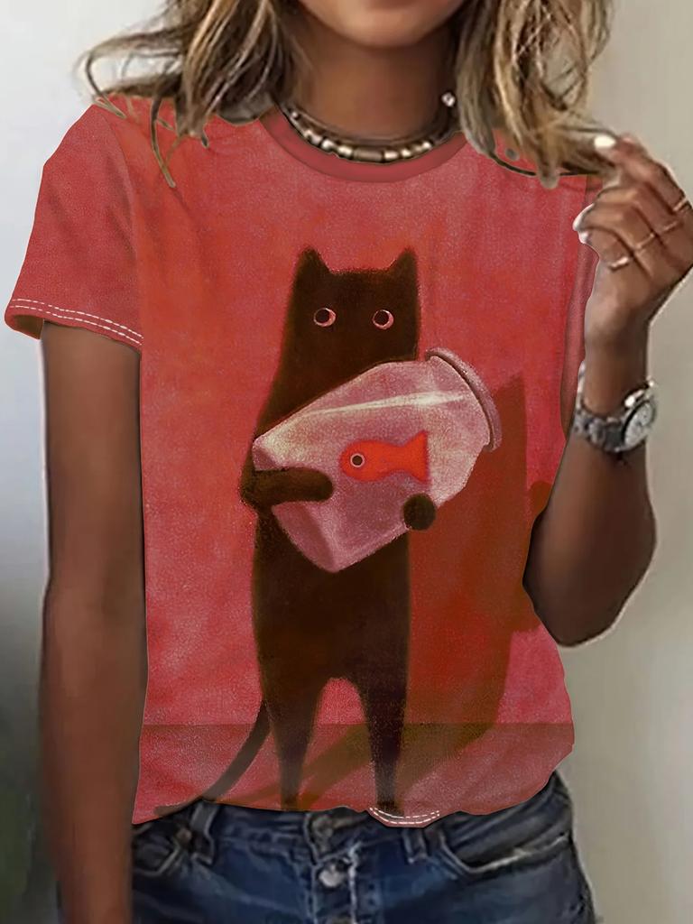 Summer Women Fashion T-shirt Funny Cartoon Cat Pattern O-Neck Tops Tees Female Short Sleeve Clothing Ladies Daily Casual Outfit