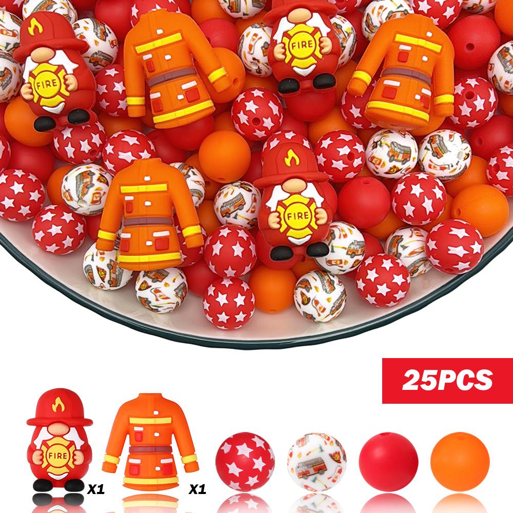

25/61PCS firefighter themed silicone bead set, perfect for DIY handmade crafts such as keychains, necklaces, bracelets, etc
