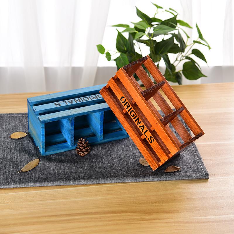 Old Solid Wood Desktop Storage Wooden Box Creative Home Office Three Grid Pen Insert