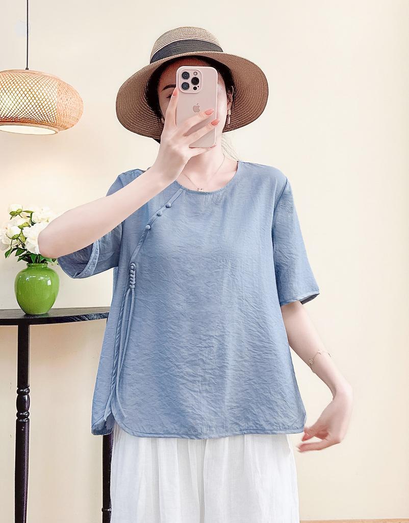 Women's Round Neck Three Quarter Sleeve Tencel Linen Loose Fit Chinese Frog Button Casual Blouse