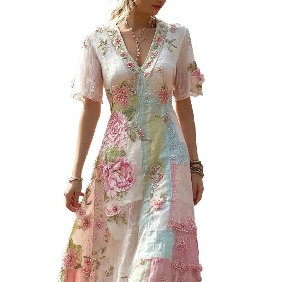 Women s Boho V-Neck Maxi Dress, Floral Print Short Sleeve Casual A-line Dress, Vintage Western Travel Vacation Outfits S A
