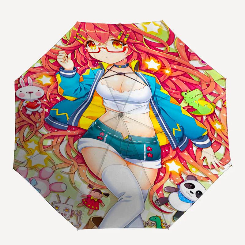 1pc Outdoor Umbrella with Cute Anime Girl and Stuffed Toys Design - Automatic Opening/Closing, Portable 3-Fold Design, 8-Rib Iron Frame - Perfect