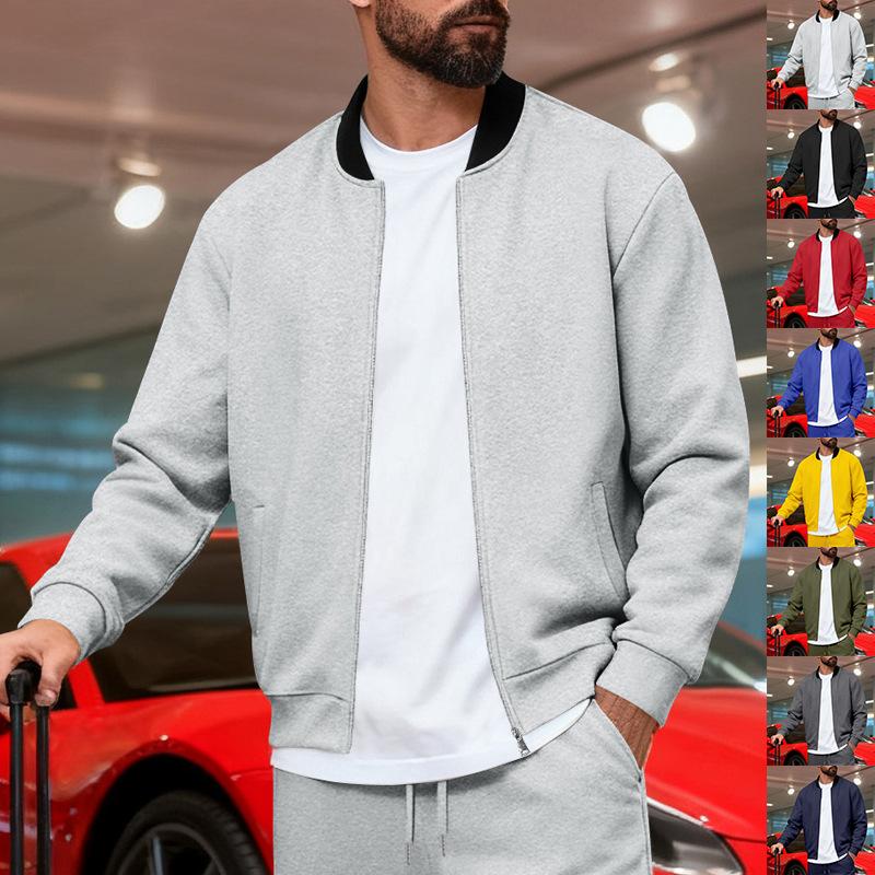 2025 Spring and Autumn Men's Stand Up Collar Jacket Solid Color Sports and Leisure Zipper Long Sleeve Top Men's Coat