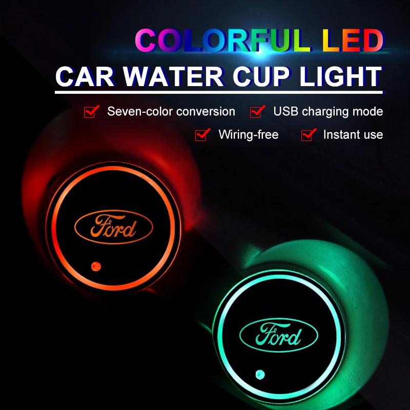 Car Sticker 2PCS Car 7 Colors Water Coaster Color Ambient Light Car Cup Holder Luminous Coaster Mat For Ford Mondeo Focus 3 4 Fi