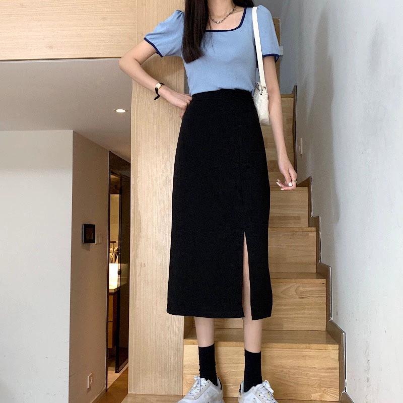 Saia Feminina Preta Cintura Alta Fenda Lateral Comprimento Midi Saia Feminina Elástica Slim Linha A Retrô Elegante Versátil Simples Moda