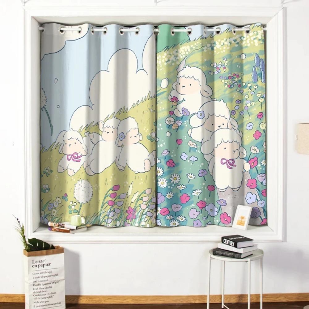 Fresh Cartoon Oil Painting Window Curtain Cute Children's Room Simple Fashion High Shading Bedroom Curtain 2 Panels New Pattern
