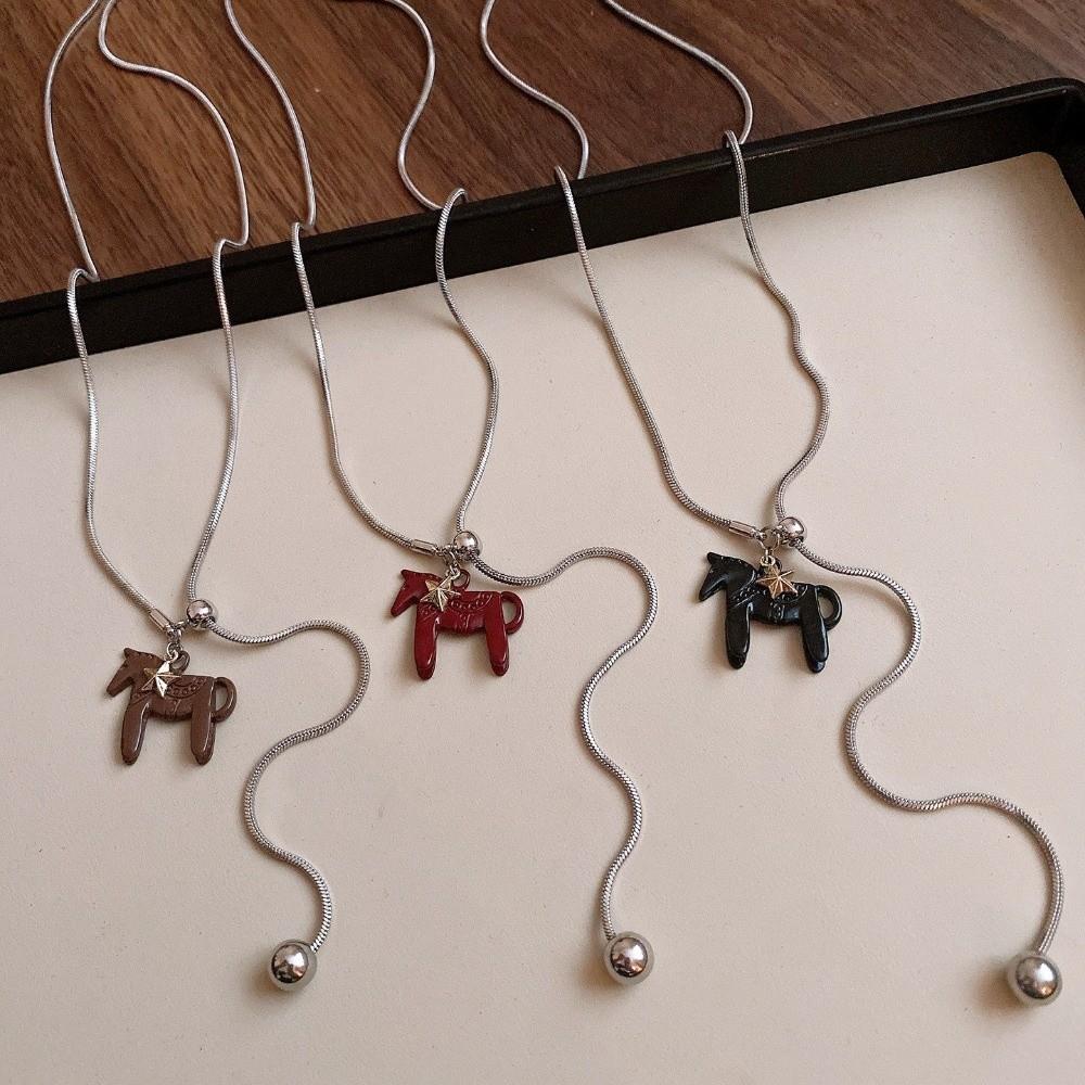 Silver Plated Horse Pendant Necklace Alloy Y Neck Chain Vintage Enamel Pendant Necklace  for Women