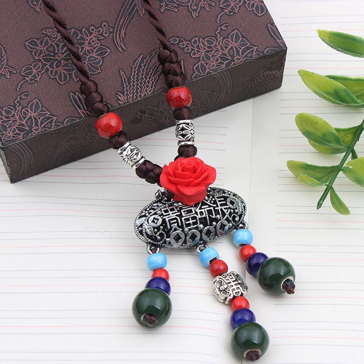 Original Ethnic Style Versatile Clothing Accessories Flower Pendant Temperament Long Necklace Retro Pendant Sweater Chain Autumn and Winter