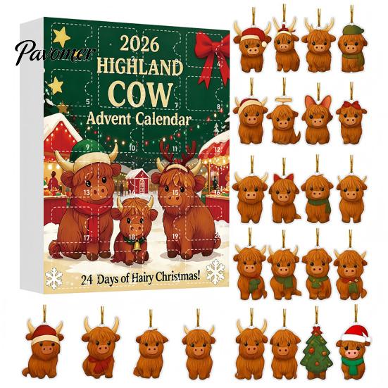 Decorative Acrylic Charms Highland Cow Christmas Advent Calendar with 24 Ornaments, Festive Countdown Unique Decorations Box for Holiday Tree Hanging
