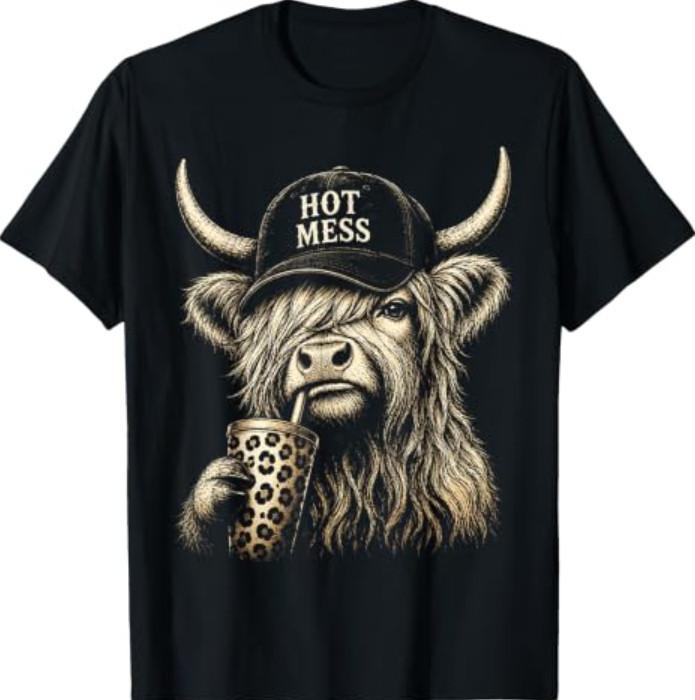 Hot Mess Highland Cow Funny Cute Coffee Lover Graphic T-Shirt