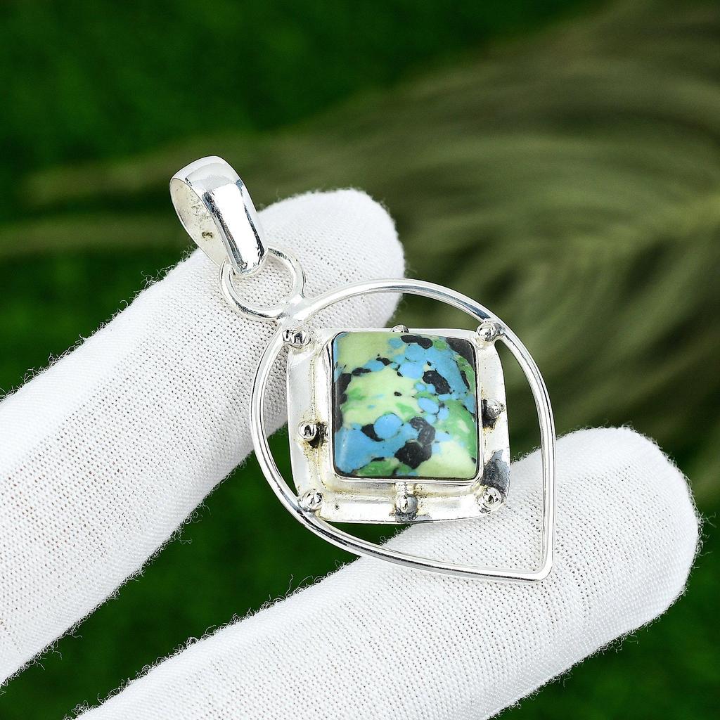 Square Mosaic Balloon Jasper Stone Sterling Silver Elegant Wife Pendant Jewelry
