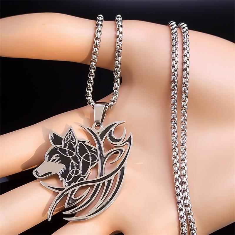 Viking Wolf Knot Necklace Stainless Steel Valknut Odin Norse Symbol Jewelry for Men Women N7802S01